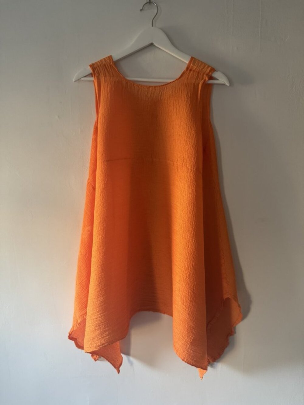 me Issey Miyake Orange Sheer Crinkle Tunic Top Mini Dress Handkerchief Hem